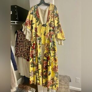 Bridgerton Hand Made Cotton Yellow Floral Maxi Dress with Lace Trim
